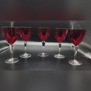 Vintage Saint Louis "Grand Lieu" Ruby Red Wine Glasses W/Clear Stem, Set Of 5